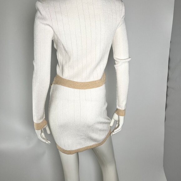 Authentic Balmain Off White Gold Ribbed Knit Cropped Cardigan Mini Skirt Set 38 - Picture 2 of 10